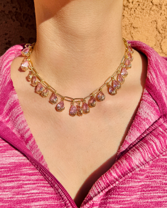 Fancy Pink Crystal Teardrop Statement Necklace