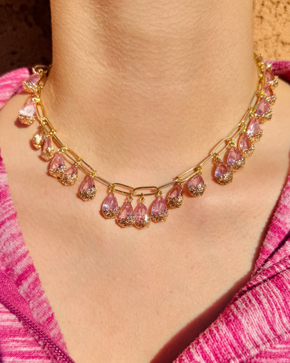 Fancy Pink Crystal Teardrop Statement Necklace