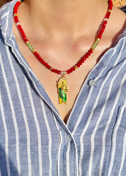 St. Jude Crystal Red Beaded Necklace + Bracelet Set