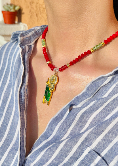 St. Jude Crystal Red Beaded Necklace + Bracelet Set