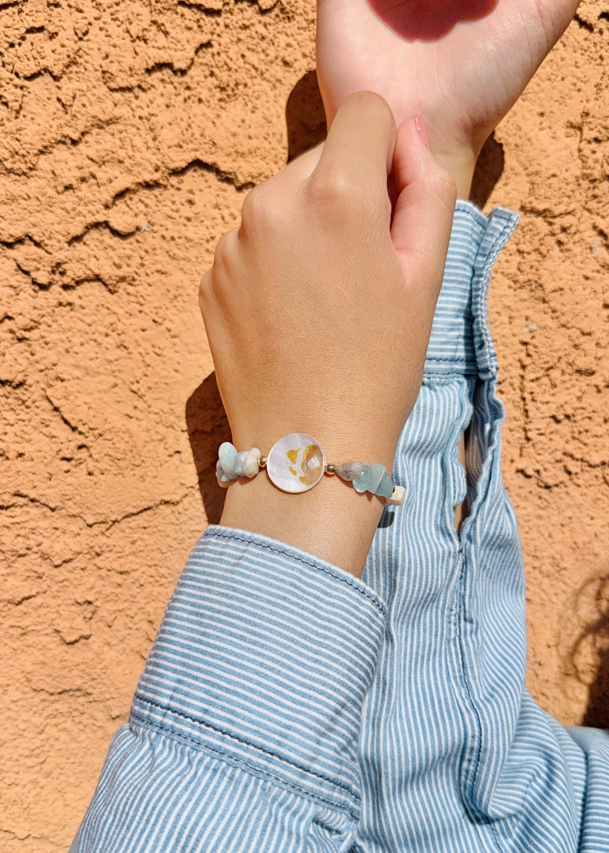 Beauty of Sea—Mother of Pearl & Amazonite Aquamarine Beaded Bracelet
