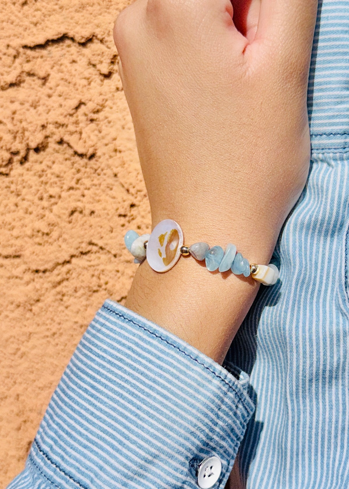 Beauty of Sea—Mother of Pearl & Amazonite Aquamarine Beaded Bracelet